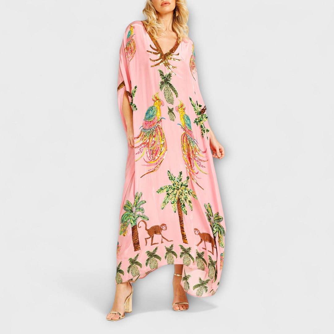 Linda | Eye-catching Dress with Asymmetrical Shoulders and Coconut Tree Print