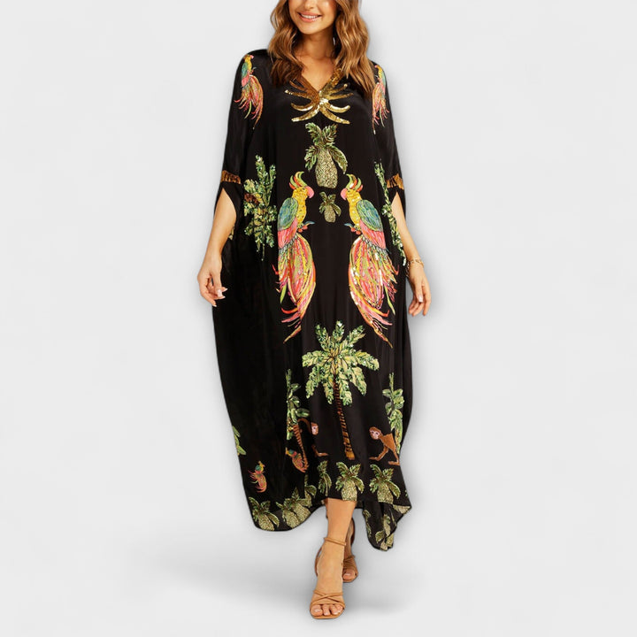 Linda | Eye-catching Dress with Asymmetrical Shoulders and Coconut Tree Print