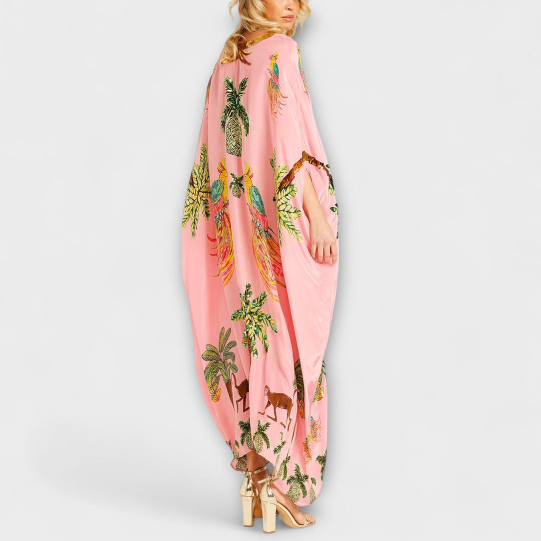 Linda | Eye-catching Dress with Asymmetrical Shoulders and Coconut Tree Print