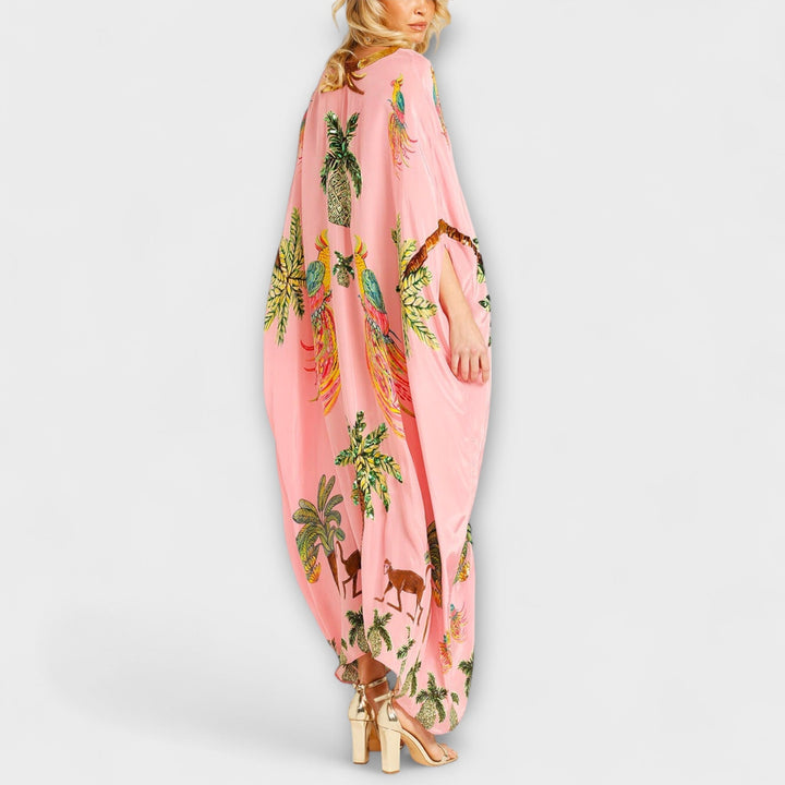 Linda | Eye-catching Dress with Asymmetrical Shoulders and Coconut Tree Print