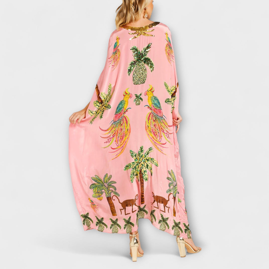 Linda | Eye-catching Dress with Asymmetrical Shoulders and Coconut Tree Print