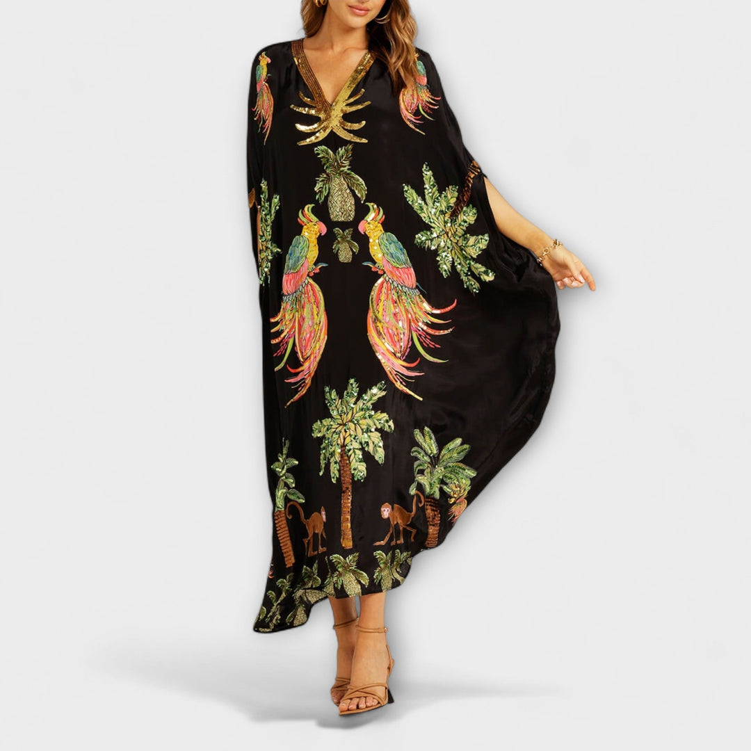 Linda | Eye-catching Dress with Asymmetrical Shoulders and Coconut Tree Print