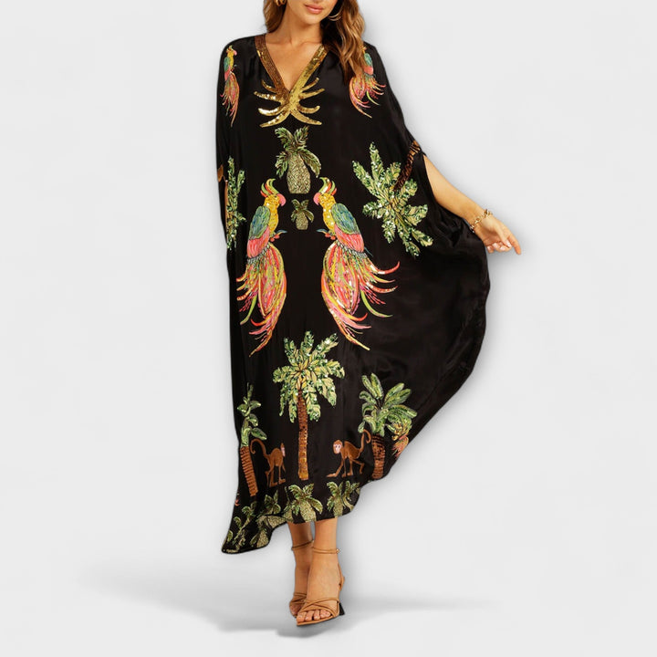 Linda | Eye-catching Dress with Asymmetrical Shoulders and Coconut Tree Print