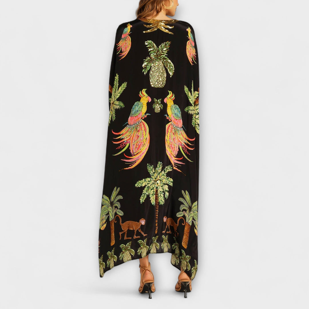 Linda | Eye-catching Dress with Asymmetrical Shoulders and Coconut Tree Print