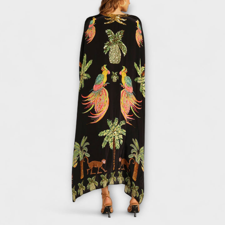 Linda | Eye-catching Dress with Asymmetrical Shoulders and Coconut Tree Print